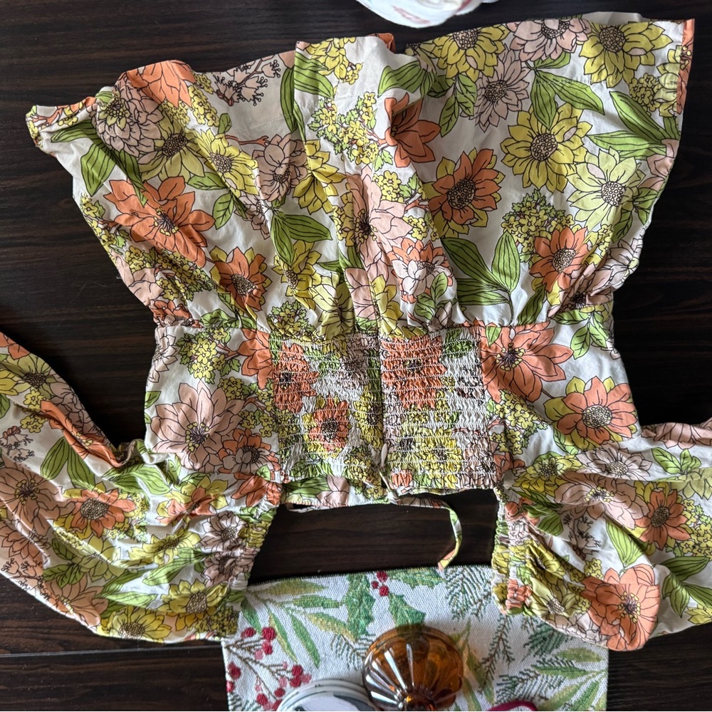 J. Crew Floral Smocked Blouse in Green, Orange, and Cream